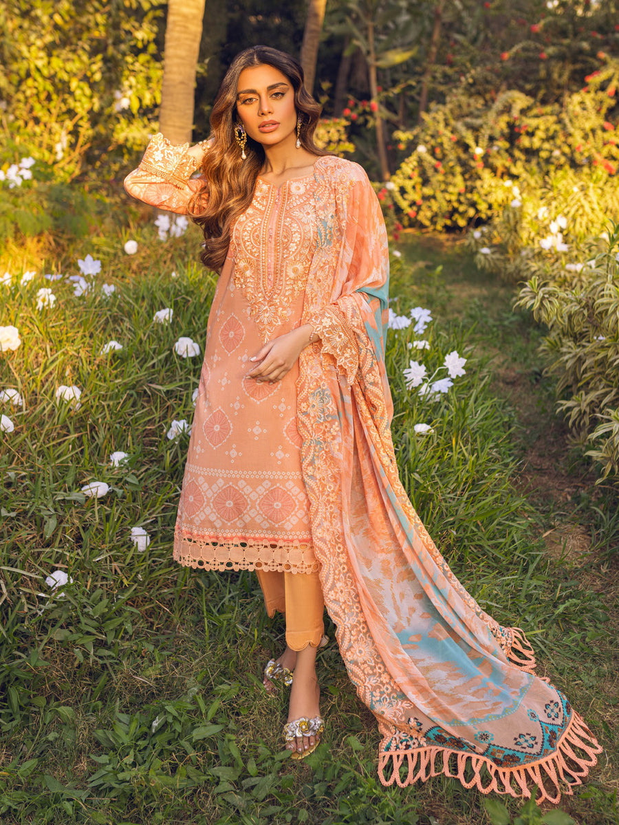 NUREH Gardenia Lawn Embroidered & Printed Unstitched 3Pc Suit NSG-87