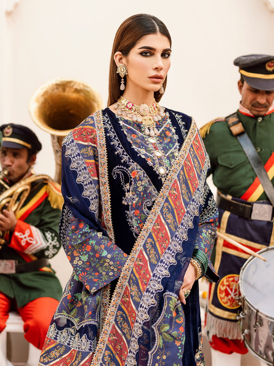 NUREH Shehnai Velvet Luxe Unstitched Embroidered 3Pc Suit NV-21