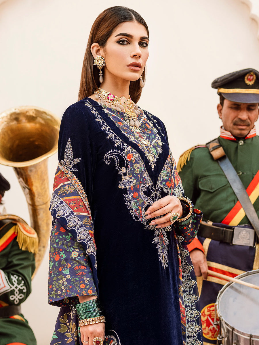 NUREH Shehnai Velvet Luxe Unstitched Embroidered 3Pc Suit NV-21