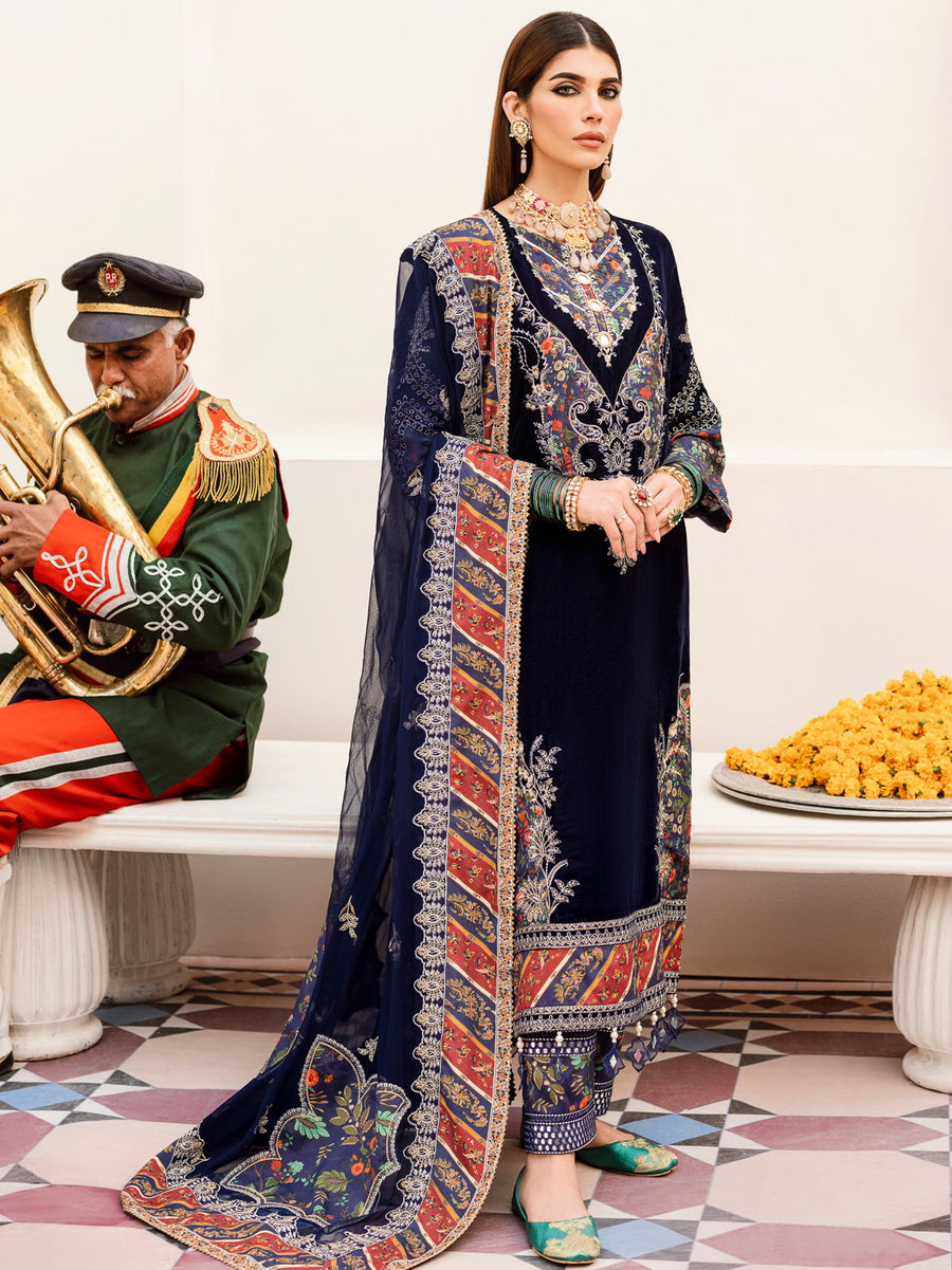 NUREH Shehnai Velvet Luxe Unstitched Embroidered 3Pc Suit NV-21