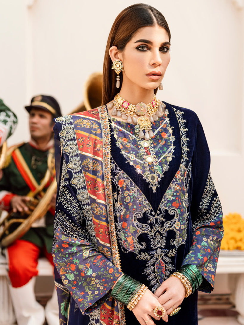 NUREH Shehnai Velvet Luxe Unstitched Embroidered 3Pc Suit NV-21