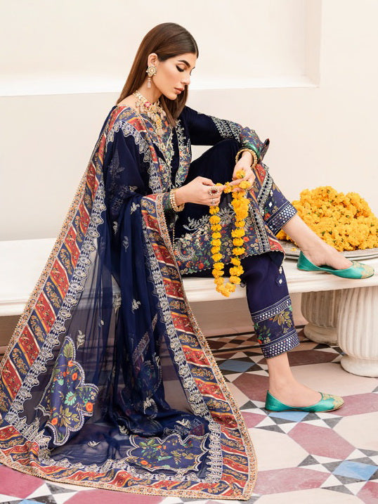 NUREH Shehnai Velvet Luxe Unstitched Embroidered 3Pc Suit NV-21