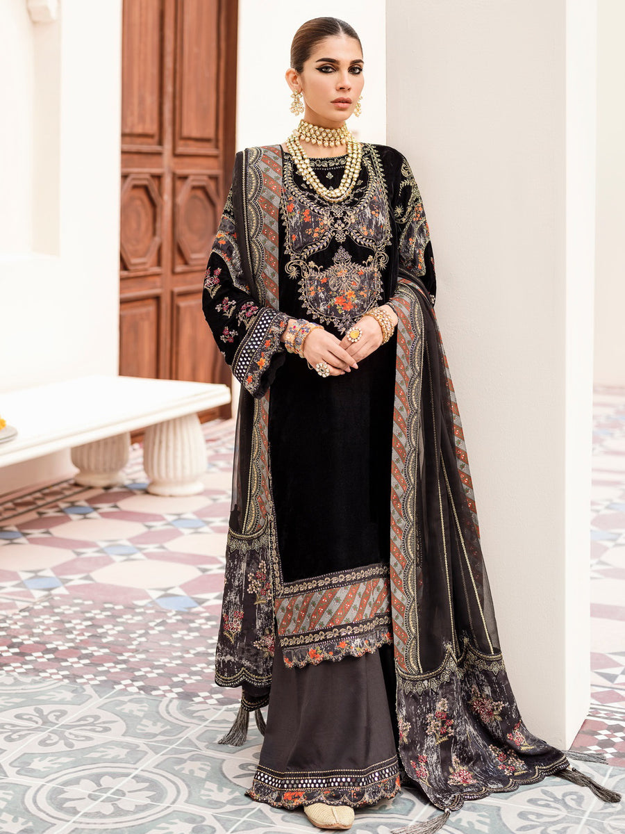 NUREH Shehnai Velvet Luxe Unstitched Embroidered 3Pc Suit NV-23