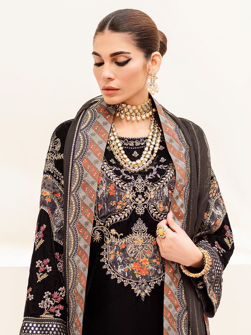 NUREH Shehnai Velvet Luxe Unstitched Embroidered 3Pc Suit NV-23