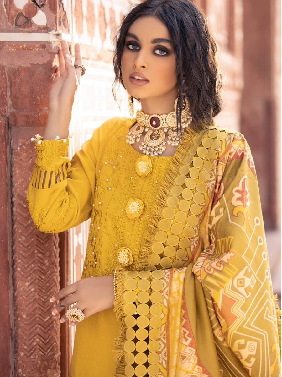 Nureh Exclusive Winter'21 Embroidered Leather Peach 3PC Suit NE-09 - FaisalFabrics.pk