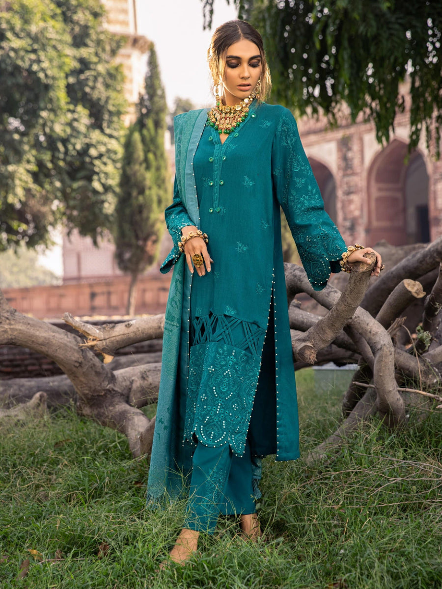 Nureh Exclusive Winter'21 Embroidered Leather Peach 3PC Suit NE-10 - FaisalFabrics.pk