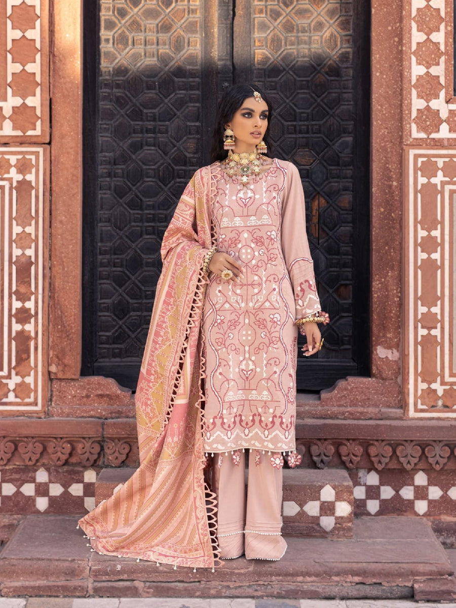 Nureh Exclusive Winter'21 Embroidered Leather Peach 3PC Suit NE-11 - FaisalFabrics.pk