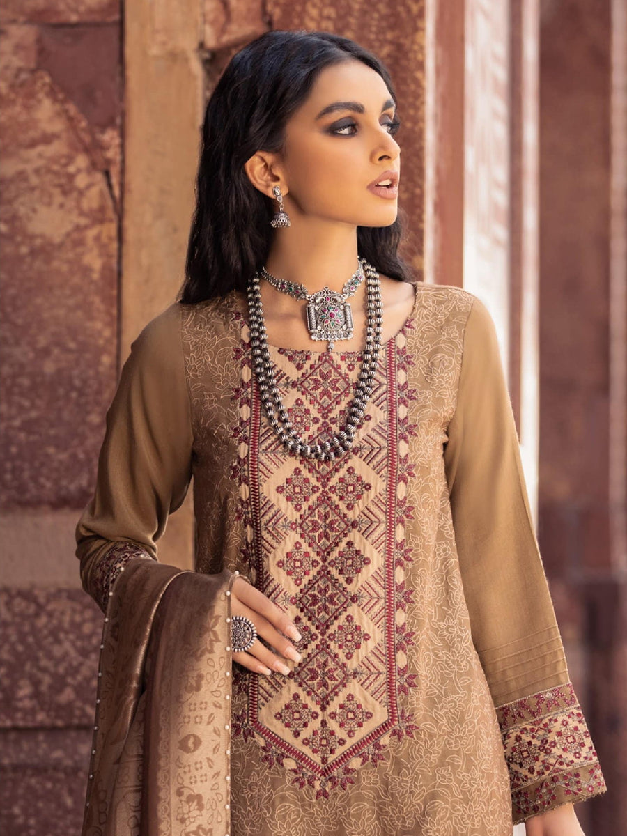 Nureh Exclusive Winter'21 Embroidered Leather Peach 3PC Suit NE-15 - FaisalFabrics.pk
