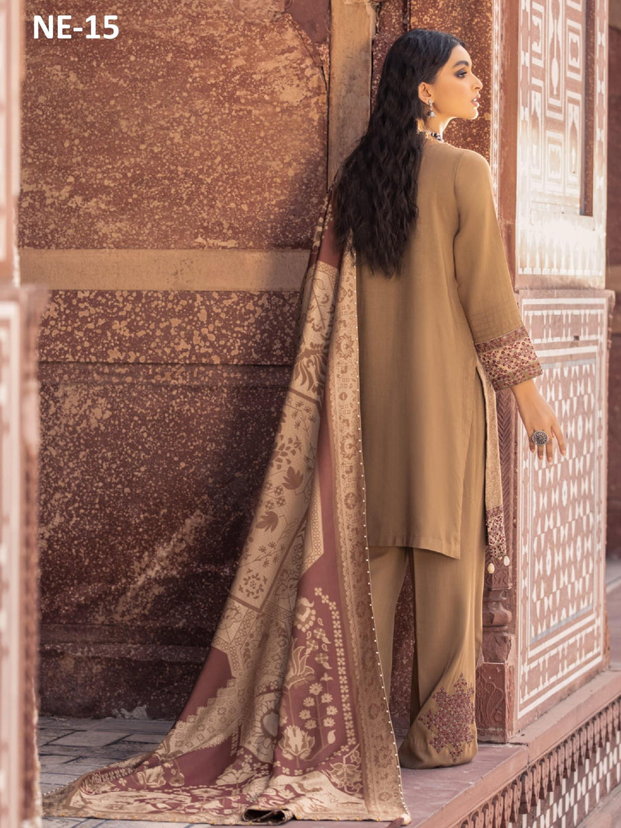 Nureh Exclusive Winter'21 Embroidered Leather Peach 3PC Suit NE-15 - FaisalFabrics.pk