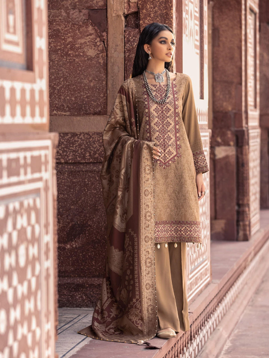 Nureh Exclusive Winter'21 Embroidered Leather Peach 3PC Suit NE-15 - FaisalFabrics.pk