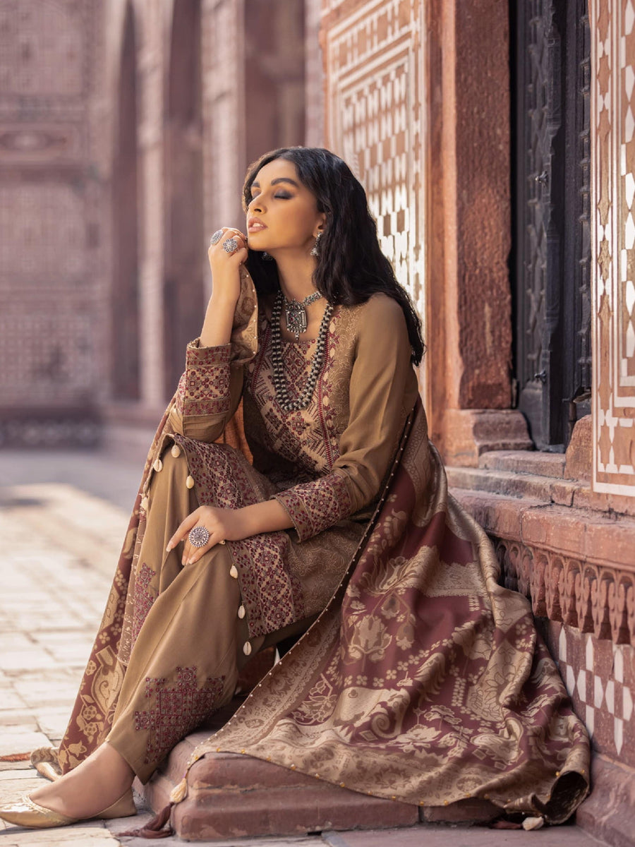 Nureh Exclusive Winter'21 Embroidered Leather Peach 3PC Suit NE-15 - FaisalFabrics.pk