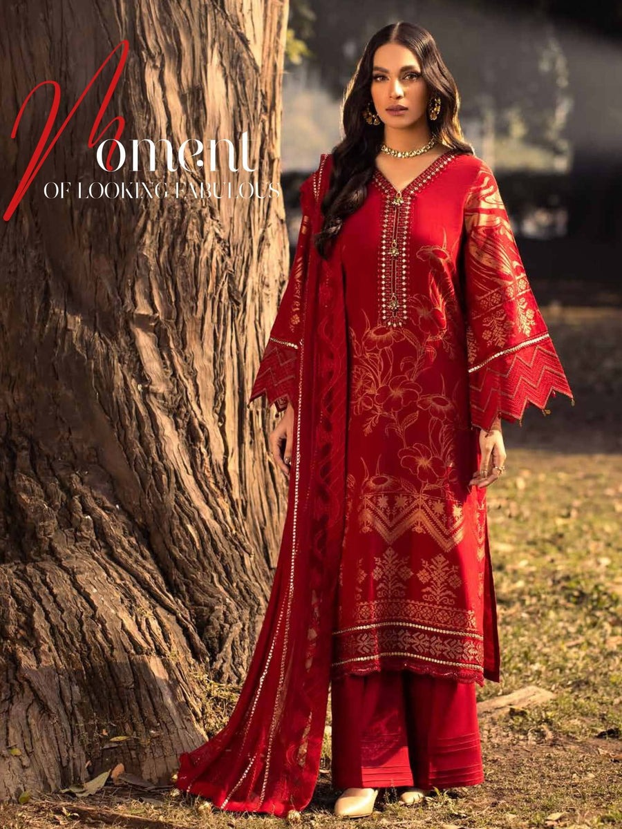NUREH MAYA Unstitched Embroidered Lawn Jacquard 3Pc Suit NJ-25 Salvia - FaisalFabrics.pk
