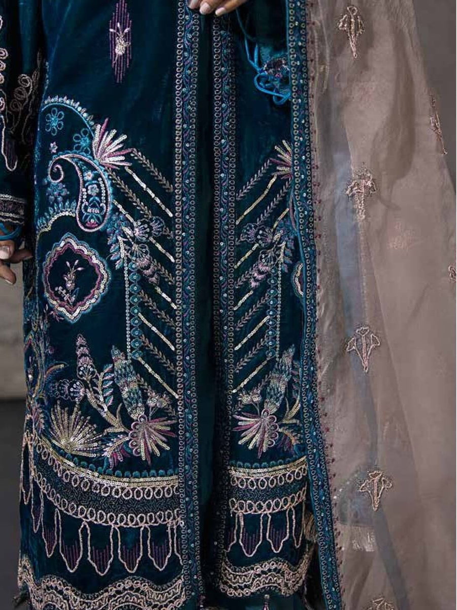 NUREH Maya Unstitched Luxury Velvet 3PC Suit NV-13 Dancing Teal - FaisalFabrics.pk