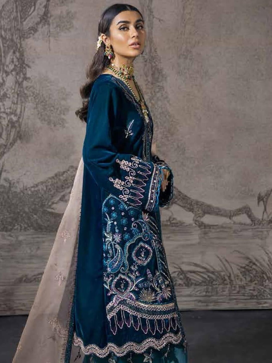 NUREH Maya Unstitched Luxury Velvet 3PC Suit NV-13 Dancing Teal - FaisalFabrics.pk