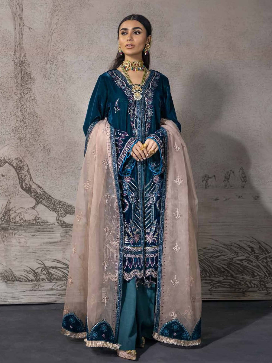 NUREH Maya Unstitched Luxury Velvet 3PC Suit NV-13 Dancing Teal - FaisalFabrics.pk