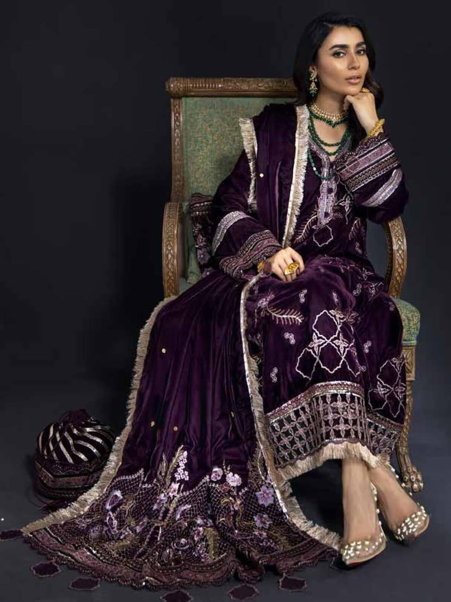 NUREH Maya Unstitched Luxury Velvet 3PC Suit NV-14 Empress Lily - FaisalFabrics.pk