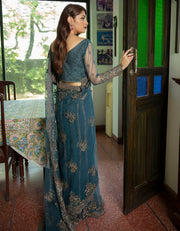 Emaan Adeel Luxury Embroidered Formal Wedding Saree PR-59 OCEAN TEAL - FaisalFabrics.pk