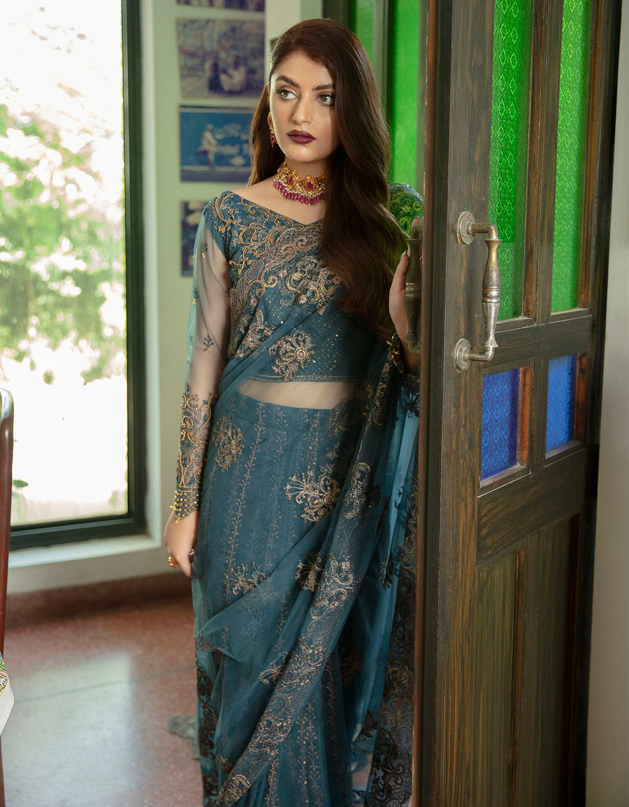 Emaan Adeel Luxury Embroidered Formal Wedding Saree PR-59 OCEAN TEAL - FaisalFabrics.pk