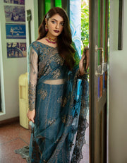 Emaan Adeel Luxury Embroidered Formal Wedding Saree PR-59 OCEAN TEAL - FaisalFabrics.pk