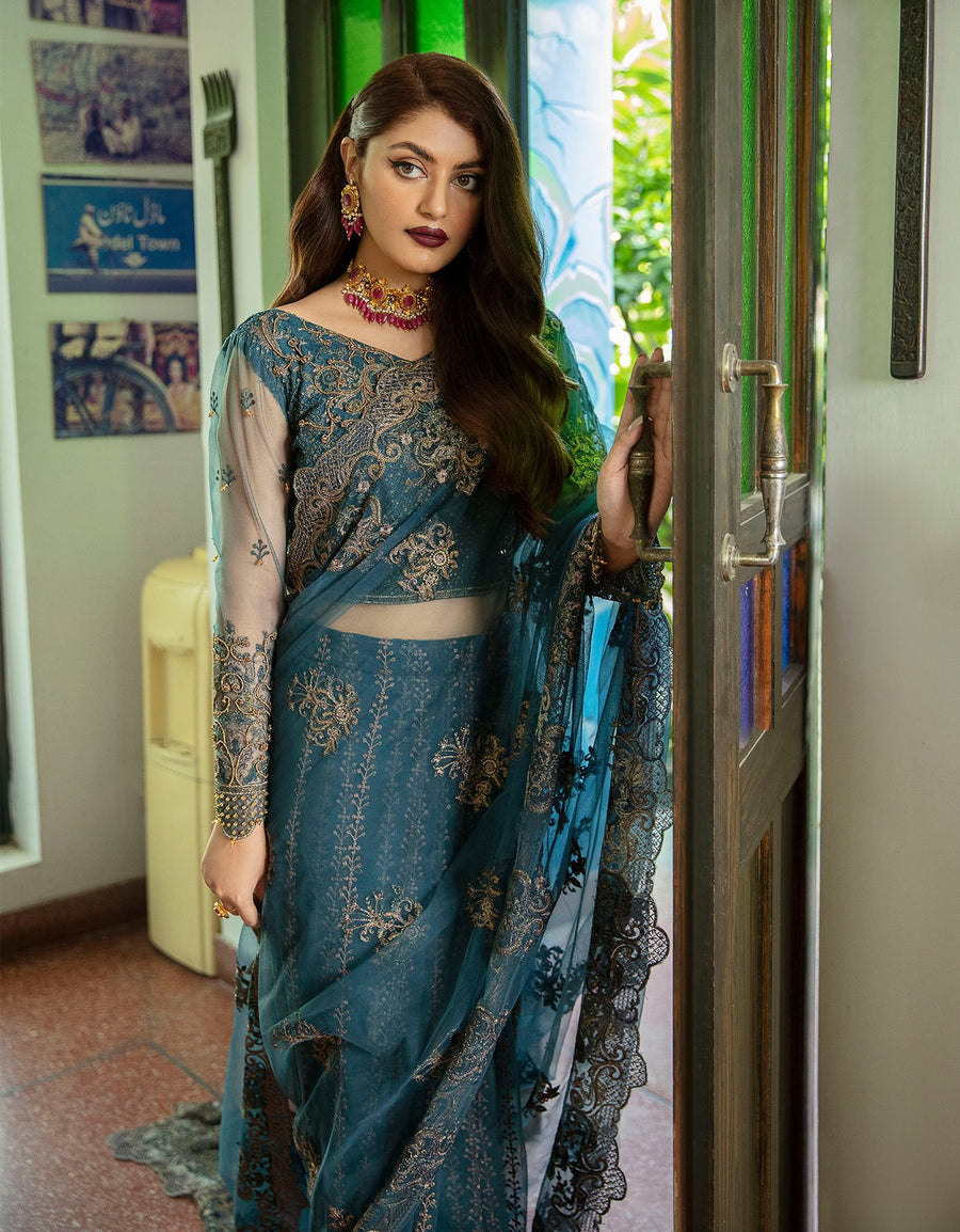 Emaan Adeel Luxury Embroidered Formal Wedding Saree PR-59 OCEAN TEAL - FaisalFabrics.pk