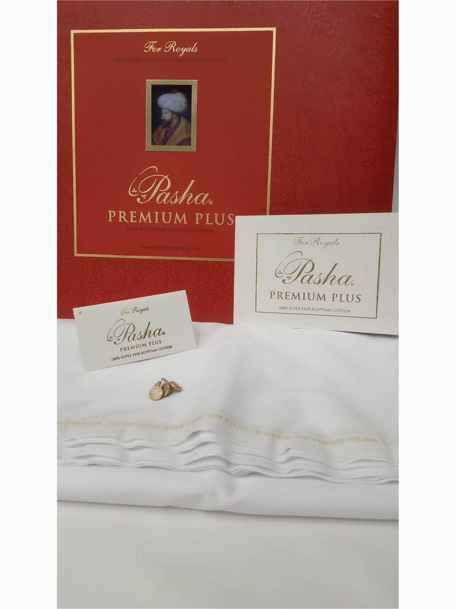 PASHA PREMIUM PLUS Super Fine Egyptian Cotton White Unstitched Suit for Men - FaisalFabrics.pk