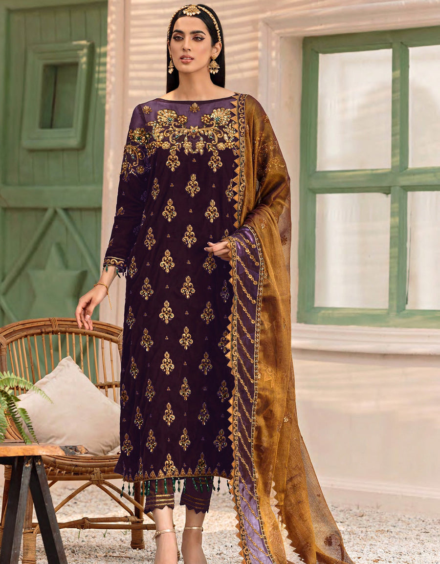 Emaan Adeel Makhmal Unstitched Luxury Velvet 3Pc Suit MK-305 Purple
