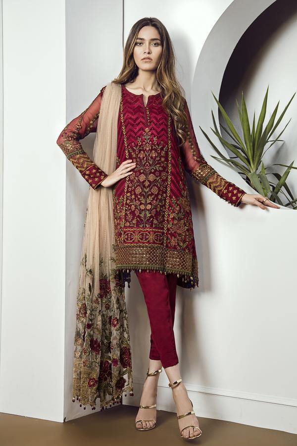 Baroque Chantelle Embroidered Chiffon 3 Piece Suit D-05 Cherry Rose - FaisalFabrics.pk