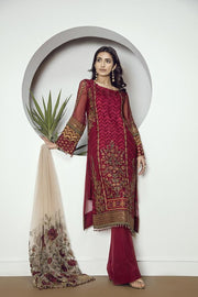 Baroque Chantelle Embroidered Chiffon 3 Piece Suit D-05 Cherry Rose - FaisalFabrics.pk