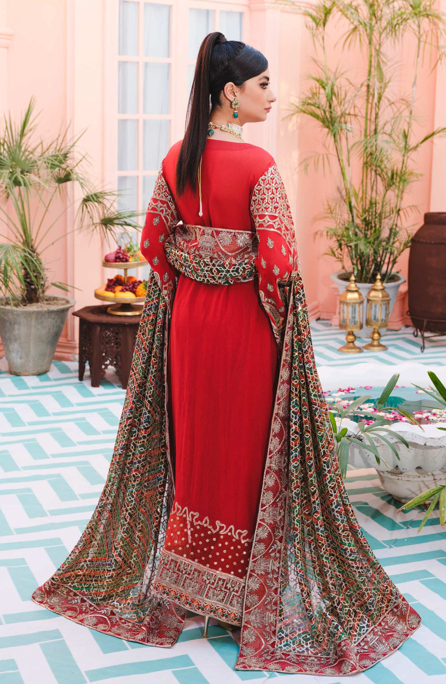 MASHQ Premium Embroidered Formals 3pc Suit QFD-0037 RED TEMPLE - FaisalFabrics.pk