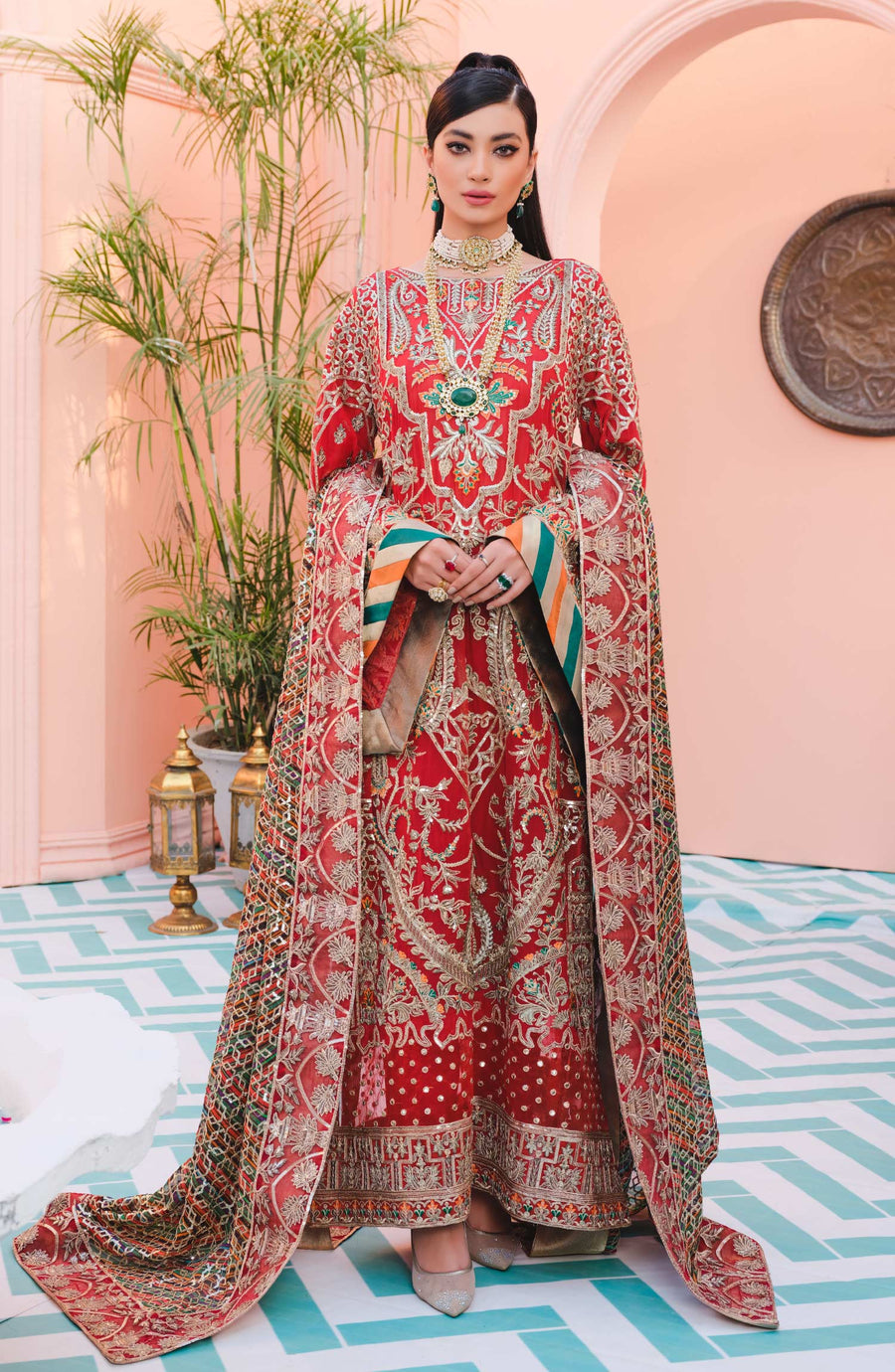 MASHQ Premium Embroidered Formals 3pc Suit QFD-0037 RED TEMPLE - FaisalFabrics.pk