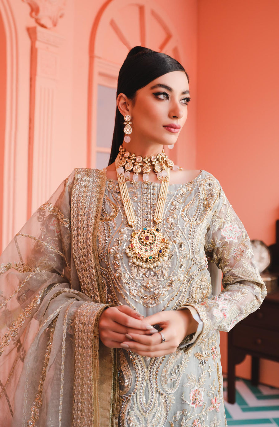 MASHQ Premium Embroidered Formals 3pc Suit QFD-0039 SILVER SUMMER ROMANCE - FaisalFabrics.pk