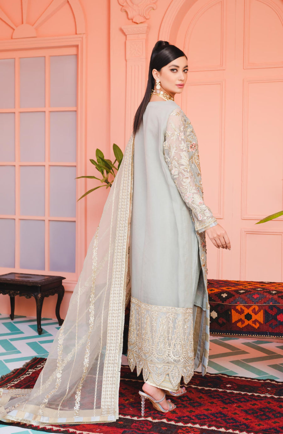 MASHQ Premium Embroidered Formals 3pc Suit QFD-0039 SILVER SUMMER ROMANCE - FaisalFabrics.pk