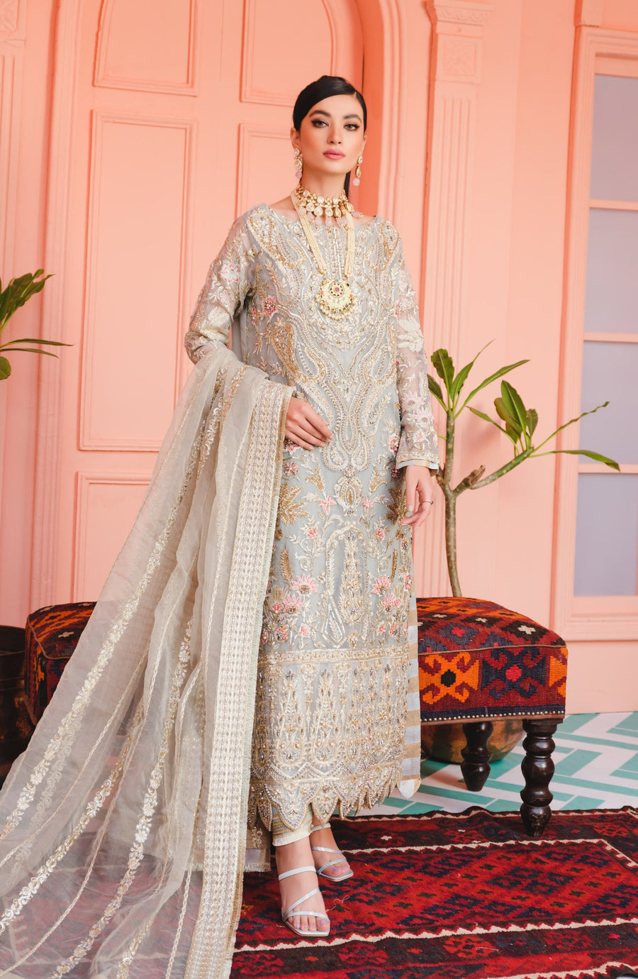 MASHQ Premium Embroidered Formals 3pc Suit QFD-0039 SILVER SUMMER ROMANCE - FaisalFabrics.pk