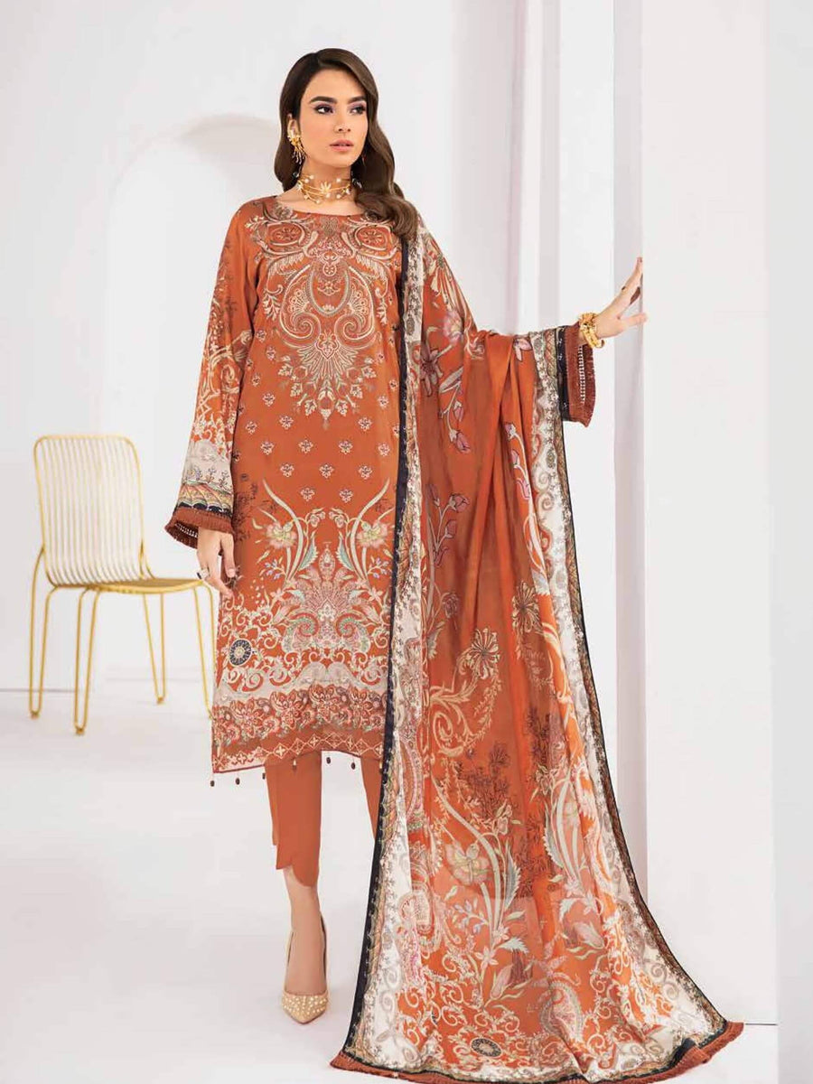 Ramsha Reet Fall Winter Embroidered Linen Unstitched 3pc Suit R-204 - FaisalFabrics.pk