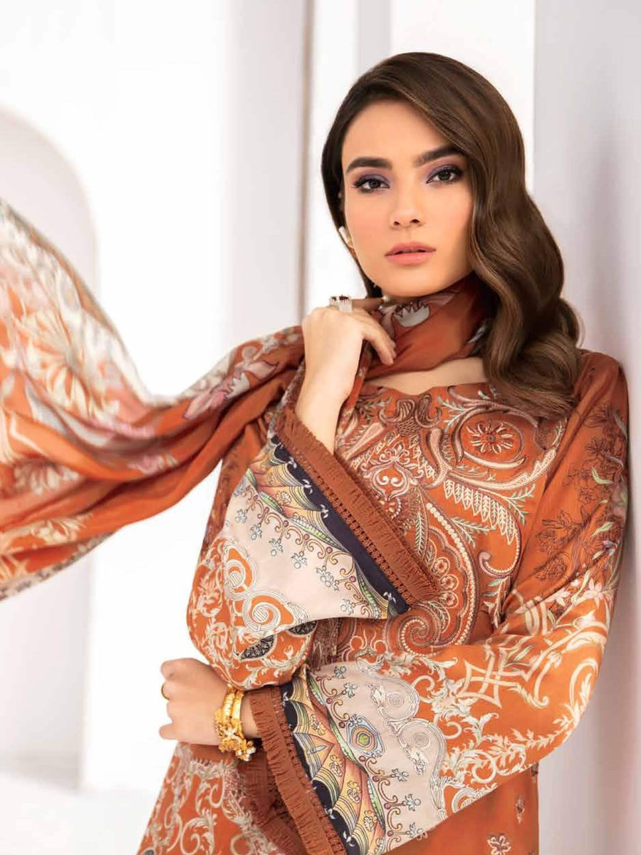 Ramsha Reet Fall Winter Embroidered Linen Unstitched 3pc Suit R-204 - FaisalFabrics.pk