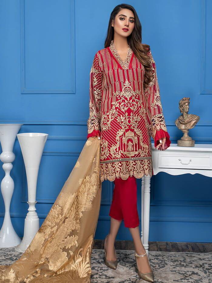 Akbar Aslam Luxury Chiffon Collection 2020 3pc Suit AAC-1102 RED TULIP - FaisalFabrics.pk