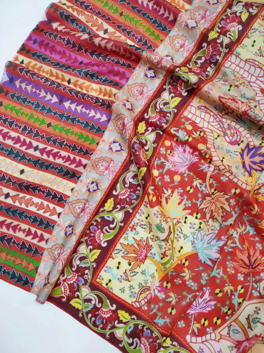Womens Kashmiri Fine Wool Hand Printed and Embroidered Shawl RK21083 - FaisalFabrics.pk