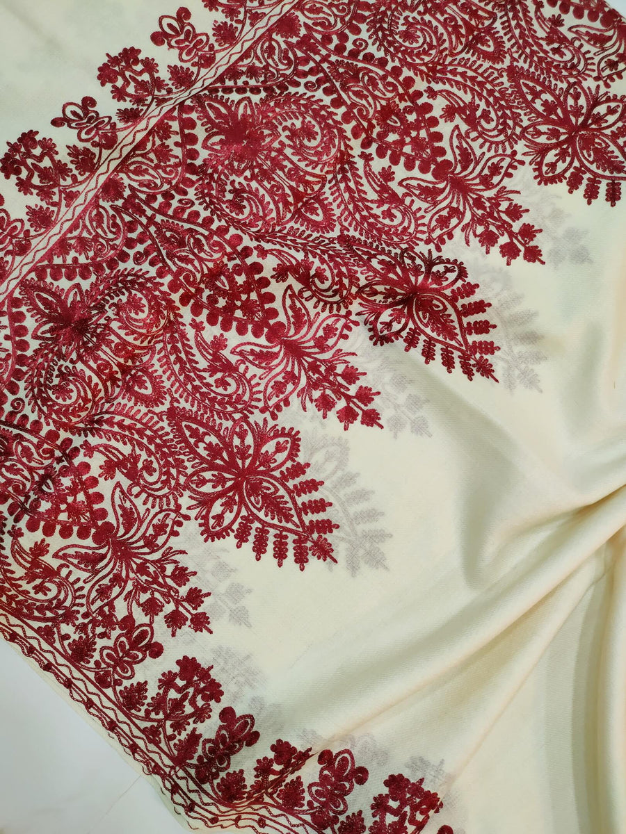 Womens Kashmiri Hand Embroidered Fine Wool Shawl RK21086 - FaisalFabrics.pk