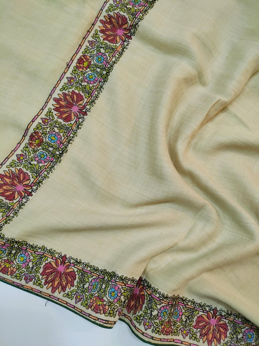Womens Fine Wool Pashmina Hand Printed and Embroidered Shawl RK21136 - FaisalFabrics.pk