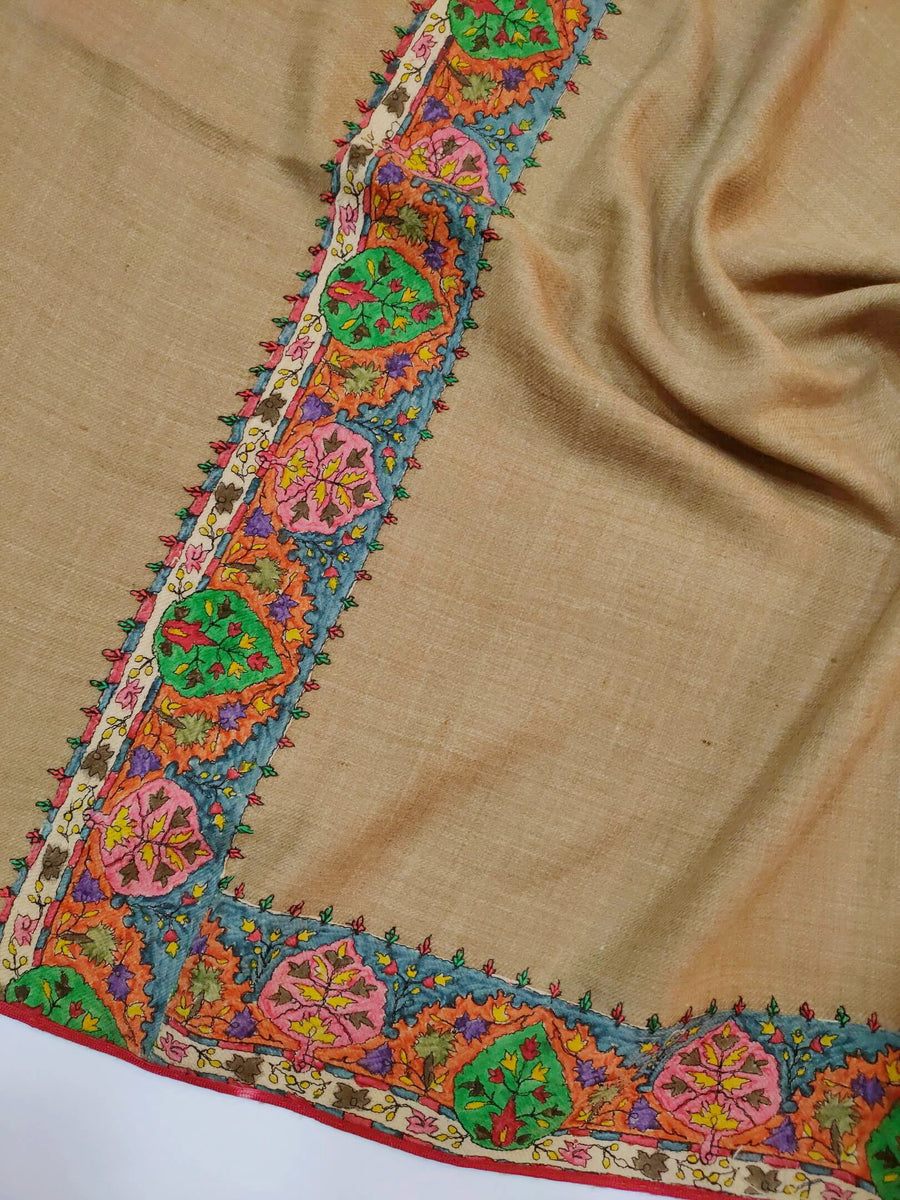 Womens Fine Wool Pashmina Hand Printed and Embroidered Shawl RK21137 - FaisalFabrics.pk