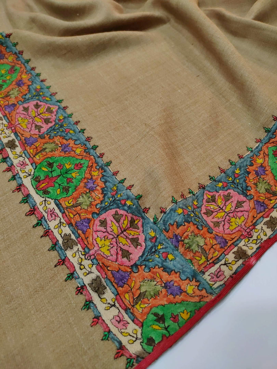 Womens Fine Wool Pashmina Hand Printed and Embroidered Shawl RK21137 - FaisalFabrics.pk