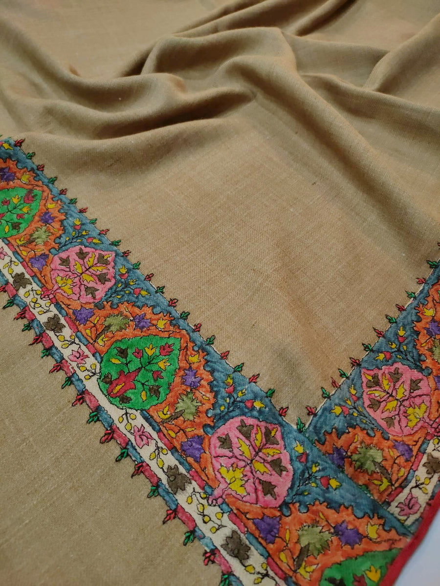 Womens Fine Wool Pashmina Hand Printed and Embroidered Shawl RK21137 - FaisalFabrics.pk