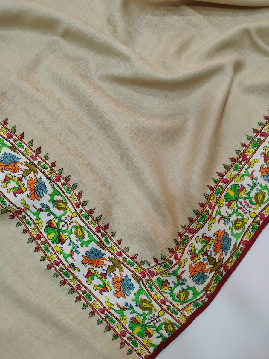 Womens Fine Wool Pashmina Hand Printed and Embroidered Shawl RK21138 - FaisalFabrics.pk