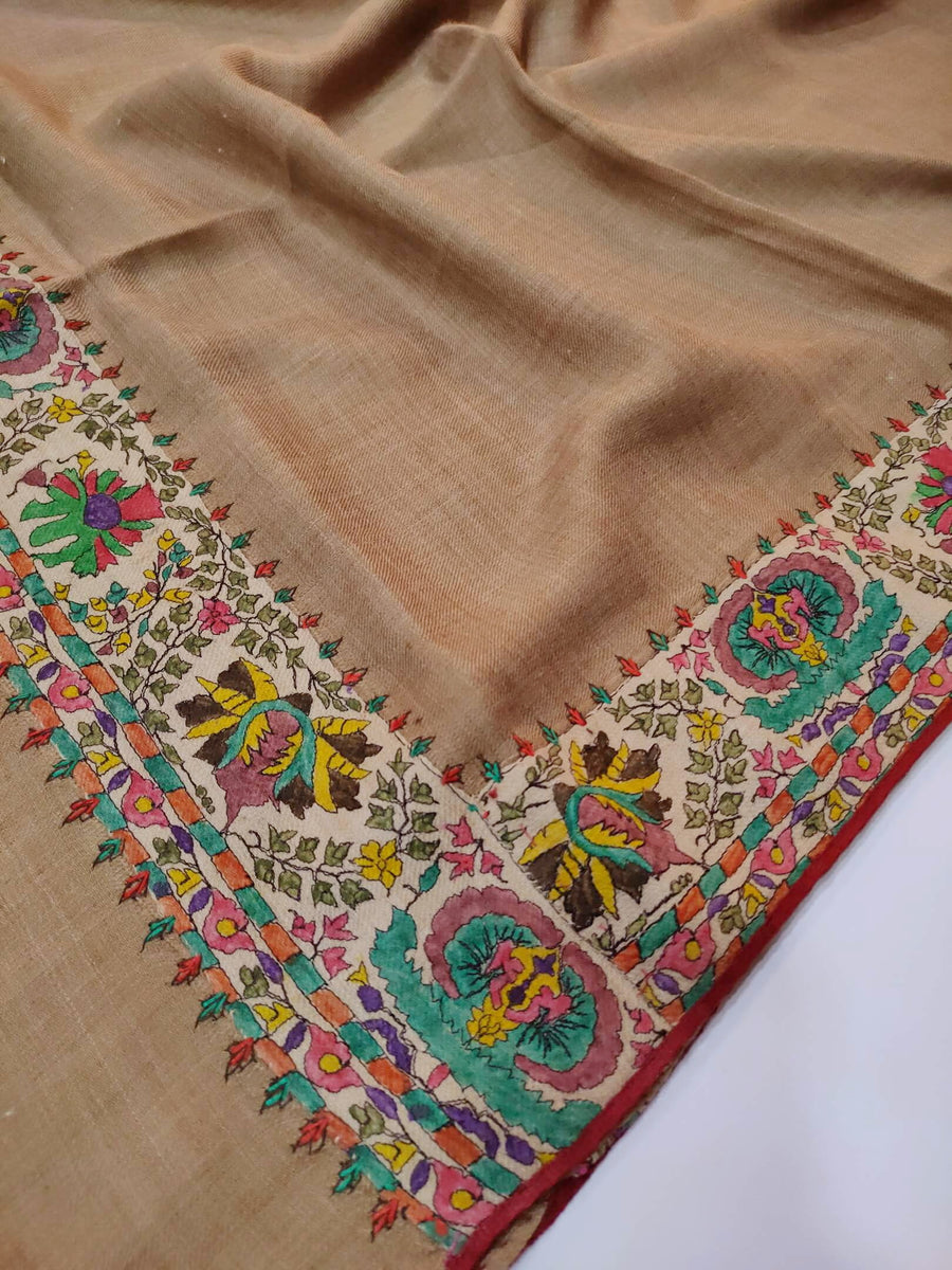 Womens Fine Wool Pashmina Hand Printed and Embroidered Shawl RK21139 - FaisalFabrics.pk