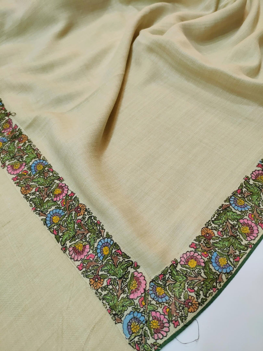 Womens Fine Wool Pashmina Hand Printed and Embroidered Shawl RK21140 - FaisalFabrics.pk