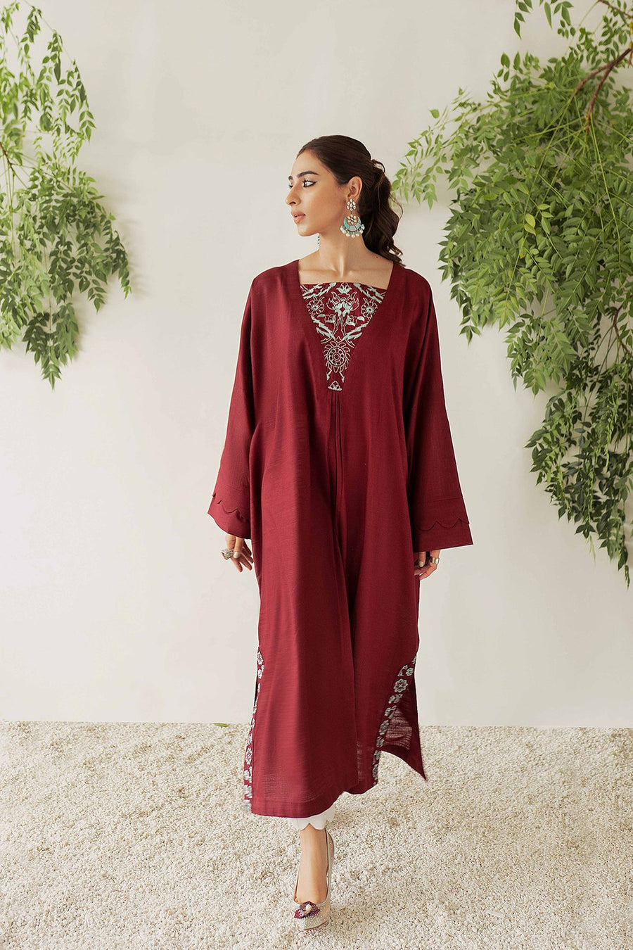 Nuriyaa Winter Tale Embroidered Pret Slub Khaddar 1pc Shirt - RUBY - FaisalFabrics.pk