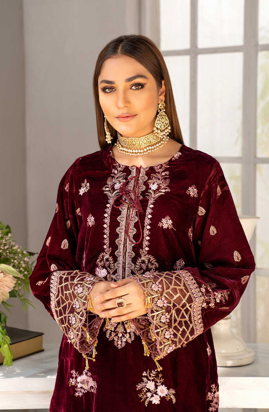 Asimah Khan Makhmal Festive Unstitched Velvet 3Pc Suit - RUBY