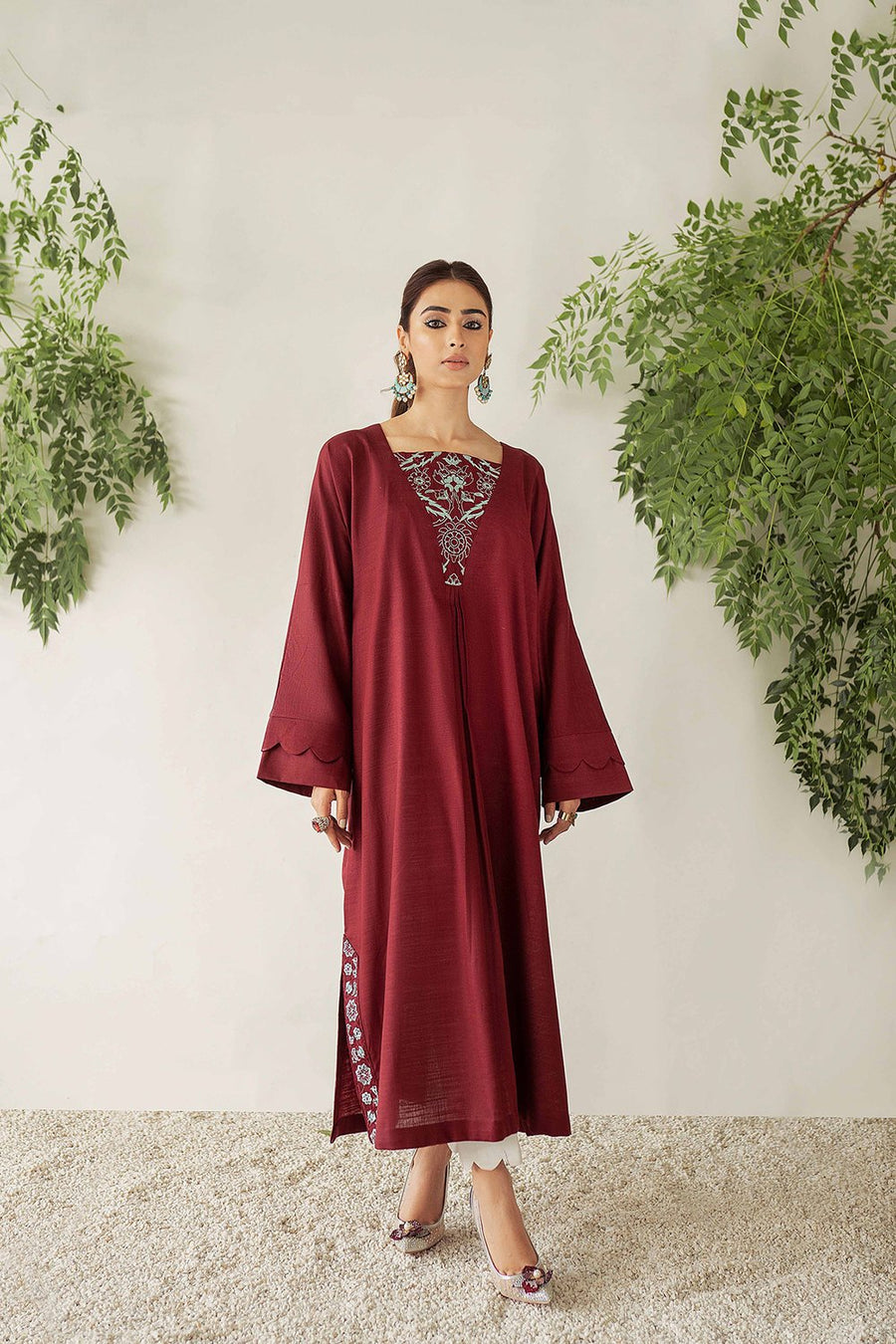 Nuriyaa Winter Tale Embroidered Pret Slub Khaddar 1pc Shirt - RUBY - FaisalFabrics.pk