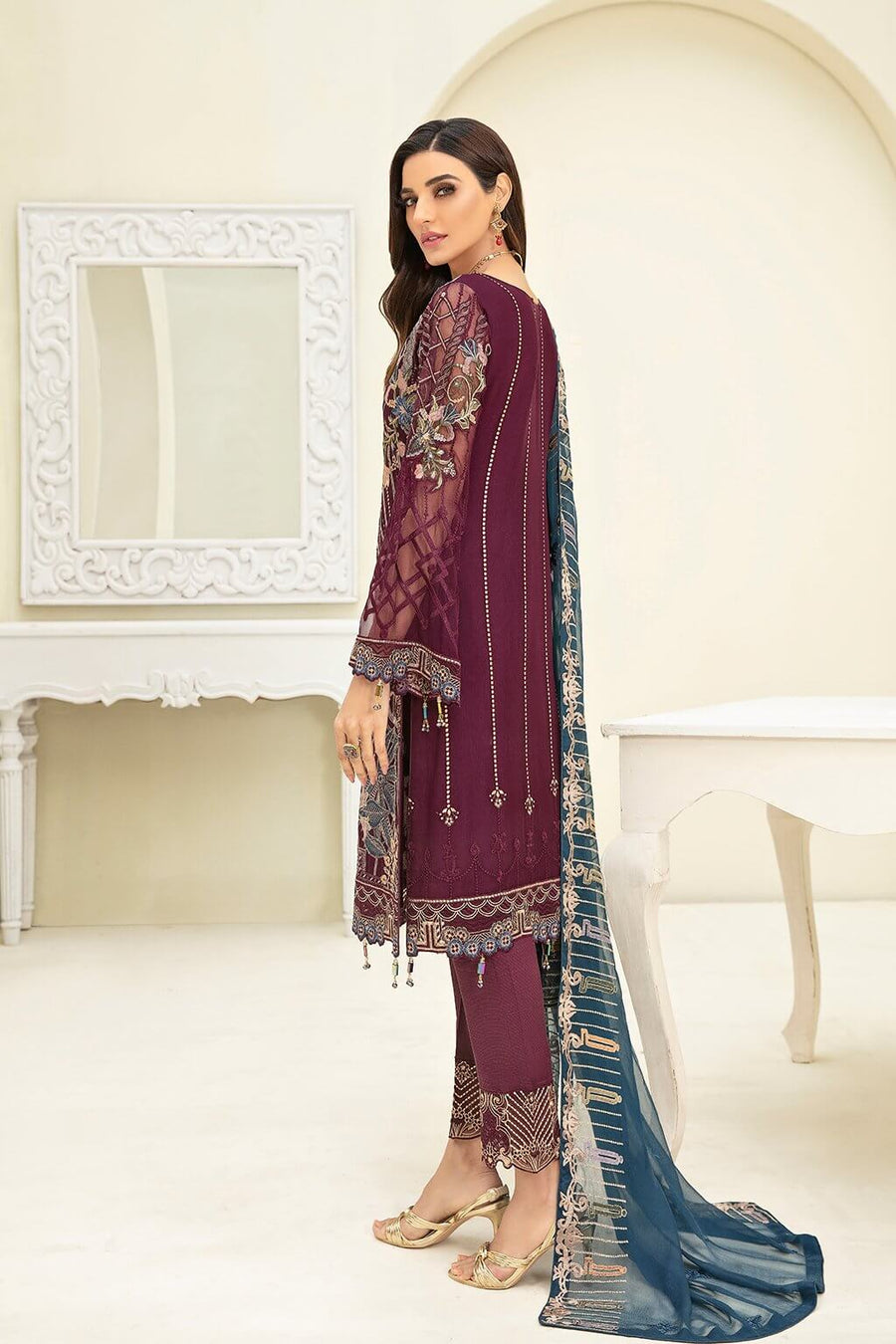 Ramsha Chevron Vol-03 Luxury Chiffon Collection 2021 3pc Suit A-303 - FaisalFabrics.pk