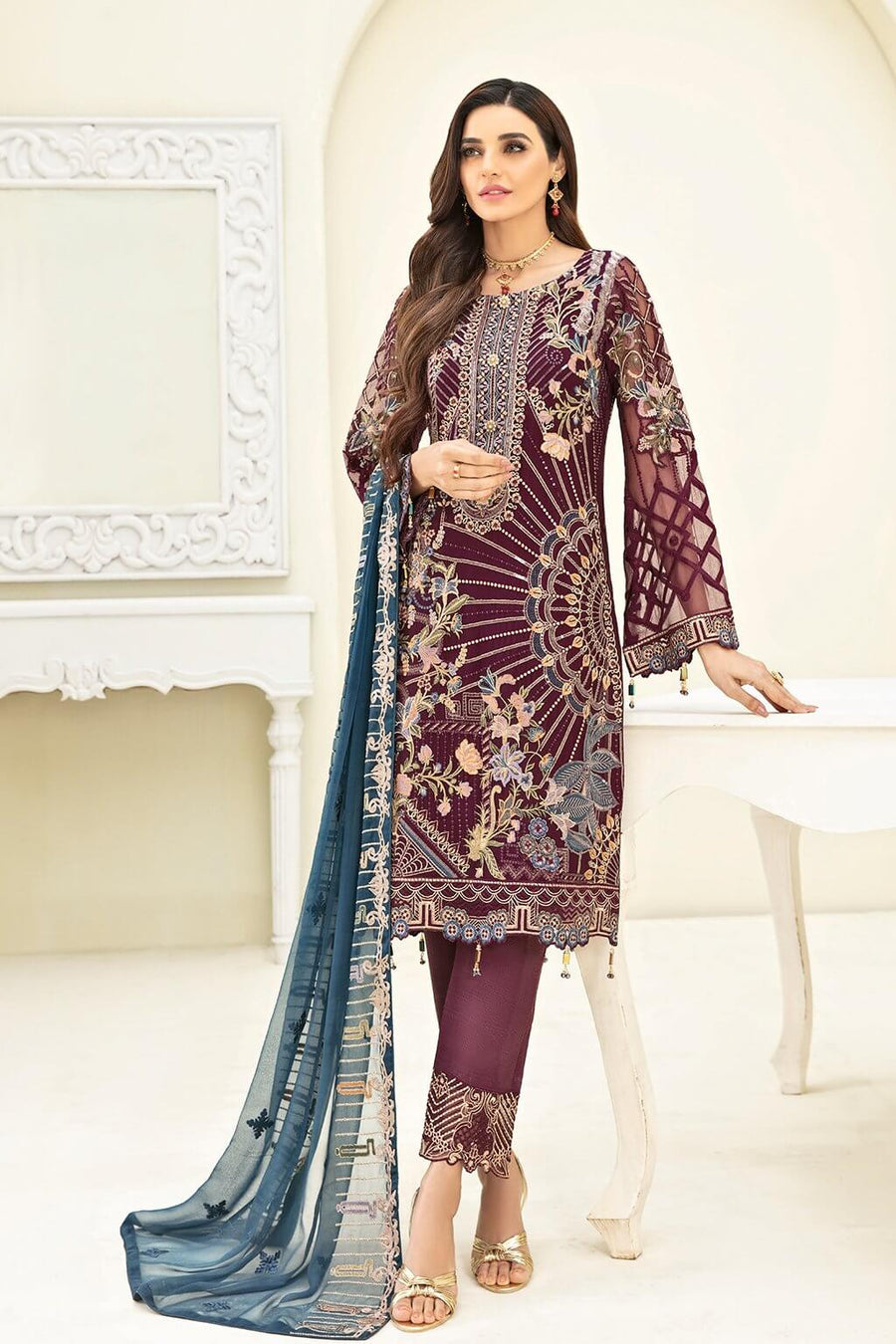 Ramsha Chevron Vol-03 Luxury Chiffon Collection 2021 3pc Suit A-303 - FaisalFabrics.pk